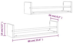 Ράφια Τοίχου με Μπάρα 2 τεμ. Γκρι Sonoma 60 x 16 x 14 εκ. - Γκρι