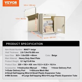 VEVOR Through The Wall Drop Box 12.5x6.3x16.9" Mailbox with Code Lock Beige