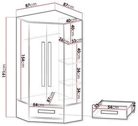 Γωνιακή ντουλάπα Akron J103, Γυαλιστερό λευκό, Γκρι, Άσπρο, 191x87x87cm, 80 kg, Πόρτες ντουλάπας: Με μεντεσέδες, Αριθμός ραφιών: 3, Αριθμός ραφιών: 3