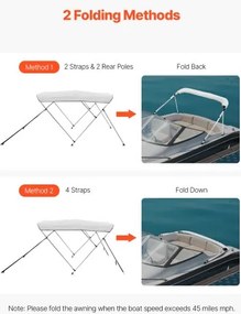 VEVOR 3 Bow Boat Bimini Tops 6 ft Long 600D Polyester Awning Canopy Light Grey