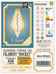 GloboStar 99022 Λάμπα LED Soft S Spiral Filament E27 BA200 ROCKET Γλόμπος 6W 420lm 360° AC 220-240V IP20 Φ20 x Υ41.5cm Ultra Θερμό Λευκό 2200K με Μελί Γυαλί - Dimmable - 3 Years Warranty