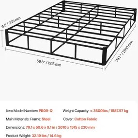 VEVOR Box Spring Queen Size Bed Frame with Fabric Cloth 79.1L x 59.6W x 9.1H in