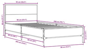 Πλαίσιο Κρεβατιού Γκρι Sonoma 90x200 εκ. Επεξ. Ξύλο &amp; Μέταλλο - Γκρι