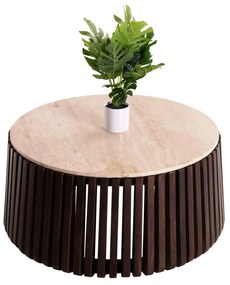 COFFEE TABLE KREST  ACACIA WOOD IN LIGHT BROWN-WHITE TRAVERTINE Φ90x40Hcm.