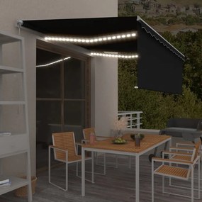 vidaXL Τέντα Συρόμενη Χειροκίνητη με Σκίαστρο &amp; LED Ανθρακί 4 x 3 μ.