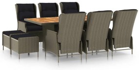 vidaXL Σετ Τραπεζαρίας Εξ. Χώρου 9 τεμ. Καφέ Συνθ. Ρατάν με Μαξιλάρια