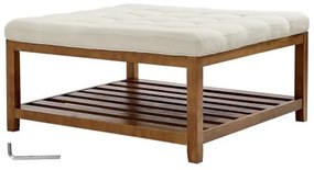 VEVOE Large Square Ottoman Coffee Table, 87.5 cm Tufted Coffee Table with Solid Wood Shelf Storage, Linen Solid Upholstered Footrest Ottoman for Bedroom Living Room, 400 LBS, Off-White