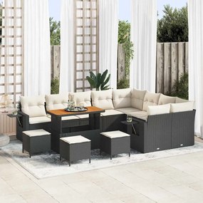vidaXL Σετ Καναπέ Κήπου 13 Τεμαχίων με Μαξιλάρια Μαύρο Πολυ Ράτταν Ακακία