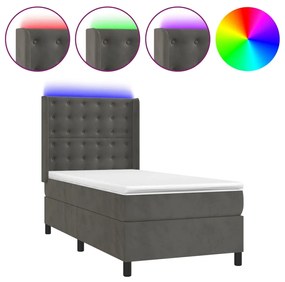 vidaXL Κρεβάτι Boxspring με Στρώμα & LED Σκ. Γκρι 90x200 εκ. Βελούδινο