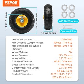Ελαστικό VEVOR Solid PU Run-Flat Tire Wheel Flat Free Tubeless 25,4 cm 2-Pack 181,4 kg