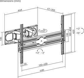 POWERTECH επιτοίχια βάση τηλεόρασης PT-1389, 37-80", έως 40kg, full motion