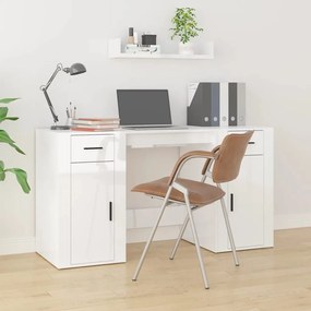 Γραφείο με Ντουλάπι Γυαλιστερό Λευκό από Επεξεργασμένο Ξύλο - Λευκό