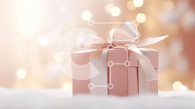 Intra Συλλεκτικό Ξύλινο Παζλ Plywood 4mm - Κομψό ροζ κουτί δώρου σε λευκό χιόνι με φώτα Bokeh Σε Ξύλινο Κουτί - Διαστάσεις: 10x10 cm – 25 κομμάτια