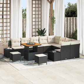 vidaXL Σετ κήπου 12 τμχ με μαξιλάρια, μαύρο πολυ rattan, ακακία.