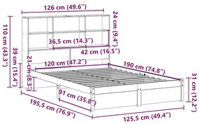 Κρεβάτι Βιβλιοθήκη Χωρίς Στρώμα 120x190 εκ Μασίφ Ξύλο Πεύκου - Καφέ