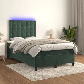 vidaXL Κρεβάτι Boxspring με Στρώμα & LED Σκ. Πράσινο 120x190εκ Βελούδο