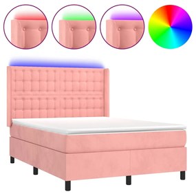 Κρεβάτι Boxspring με Στρώμα &amp; LED Ροζ 140x190 εκ. Βελούδινο - Ροζ