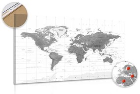 Εικόνα στο φελλό ενός πανέμορφου παγκόσμιου χάρτη σε ασπρόμαυρο - 120x80  peg