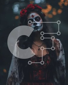 Intra Συλλεκτικό Ξύλινο Παζλ Plywood 4mm - Dark and Mysterious Beauty: Woman in Red Skull Dress in Dark Forest Σε Ξύλινο Κουτί - Διαστάσεις Puzzle: 10x10 cm – 25 κομμάτια