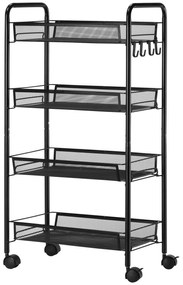 HOMCOM Τροχήλατο καρότσι με 4 κρεμαστά καλάθια, καρότσι σερβιρίσματος σε ροδάκια, κινητό, αφαιρούμενα άγκιστρα, ατσάλι, 45 x 26,5 x 84 cm, Μαύρο