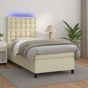 vidaXL Κρεβάτι Boxspring με Στρώμα &amp; LED Κρεμ 90x200 εκ. Συνθ. Δέρμα
