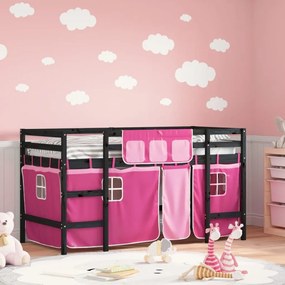 Υπερυψ. Κρεβάτι με Κουρτίνες Ροζ 90 x 190 εκ. Μασίφ Ξύλο Πεύκου