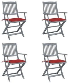 Καρέκλες Εξωτ. Χώρου Πτυσ. 4 τεμ Μασίφ Ξύλο Ακακίας &amp; Μαξιλάρια - Κόκκινο