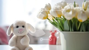 Intra Συλλεκτικό Ξύλινο Παζλ Plywood 4mm - Πασχαλινό λαγουδάκι με λευκές τουλίπες και βάζο Σε Ξύλινο Κουτί - Διαστάσεις: 10x10 cm – 25 κομμάτια