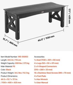 VEVOR Outdoor Bench Patio Bench 113 cm Weatherproof Plastic Frame 272 kg Black