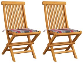 Καρέκλες Κήπου 2 τεμ. Μασίφ Ξύλο Teak με Κόκκινα Καρό Μαξιλάρια