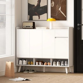 Ντουλάπι παπουτσιών HOMCOM με σχεδιασμό χωρίς λαβές, 4 πόρτες, 4 ρυθμιζόμενα ράφια, αυτόνομη παπουτσοθήκη με 5 ξύλινα πόδια, ξύλο, λευκό