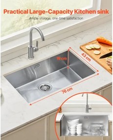VEVOR 76cm Kitchen Sink Undermount Single Bowl Drop-In Basin Stainless Steel Bar