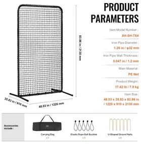 VEVOR I Screen Baseball for Batting Cage, 7x4 ft Baseball Softball Safety Screen, Body Protector Portable Batting Screen with Carry Bag &amp; Ground Stakes, Heavy Duty Pitching Net for Pitchers Protection