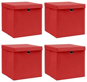 Κουτιά Αποθήκευσης με Καπάκια 4 τεμ Κόκκινα 32x32x32εκ Ύφασμα