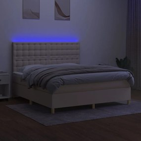 Κρεβάτι Boxspring με Στρώμα &amp; LED Κρεμ 160x200 εκ. Υφασμάτινο - Κρεμ