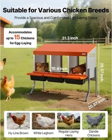VEVOR Chicken Nesting Boxes, 3 Compartments, with Support Legs, Easy Egg Collection, Galvanized Steel and High-Strength Plastic, Roll Away Nesting Boxes for Chickens and Hens Laying Eggs, Orange