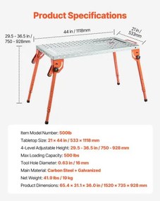 Welding Table 44" x 21" 500LBS Folding Workbench with 4-Level Adjustable Height