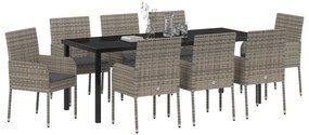 vidaXL Σετ 9 κομματιών για Τραπεζαρία Κήπου με Μαξιλάρια Γκρι Πολυ Ρατάν