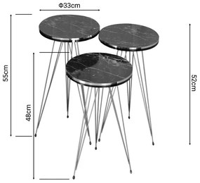 Τραπεζάκια σαλονιού Βοηθητικά Wakmi σετ 3 τεμ. σε μαύρο μάρμαρο μελαμίνη - χρυσό μέταλλο 33x33x55 εκ.