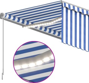 vidaXL Χειροκίνητη τέντα με ηλιακό LED 4,5 x 3 m Μπλε και Λευκή Ράβδος