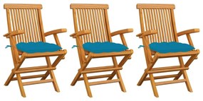 Καρέκλες Κήπου 3 τεμ. από Μασίφ Ξύλο Teak με Γαλάζια Μαξιλάρια - Μπλε
