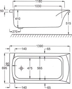 Sanitec Rosa 549 - Παραλληλόγραμμη Μπανιέρα 140x70 εκ - Pneumatic Normal, Χωρίς, Χωρίς, Χωρίς