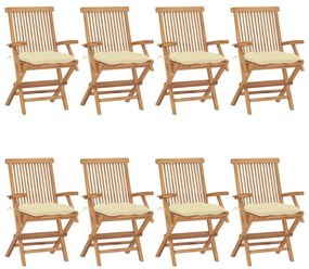 Καρέκλες Κήπου 8 τεμ. Μασίφ Ξύλο Teak με Λευκά Κρεμ Μαξιλάρια