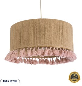 02096 GloboStar® PUERTORICO 02096 Boho Κρεμαστό Φωτιστικό Καπέλο Μονόφωτο 1 x E27 IP20 Μπεζ & Ροζ Σχοινί - Μ50 x Π50 x Υ27cm
