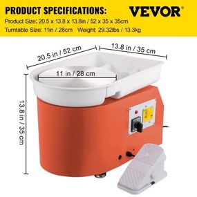 VEVOR Pottery Wheel 11in 0-300 RPM Ceramic Wheel, 350W Adjustable Speed Forming Machine with Sculpting Tools and Apron, Detachable Basin Foot Pedal Control for Art Craft Work and Home DIY Orange