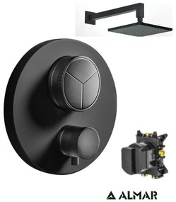 Almar Black matt Ανακλινόμενη κεφαλή 30εκ+Μπράτσο Τοίχου+Thermo-Core Push Θερμοστατικός μίκτης εντ. 3 εξόδων+κιτ εντοιχισμού