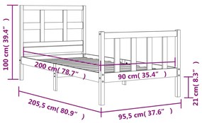 Πλαίσιο Κρεβατιού με Κεφαλάρι Μαύρο 90x200 εκ. Μασίφ Ξύλο - Μαύρο