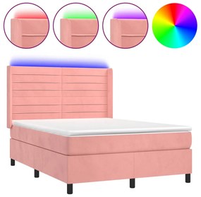 vidaXL Κρεβάτι Boxspring με Στρώμα &amp; LED Ροζ 140x190 εκ. Βελούδινο