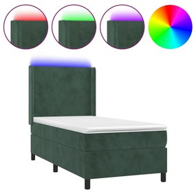VidaXL Κρεβάτι Boxspring με Στρώμα & LED Σκ. Πράσινο 90x200 εκ Βελούδο