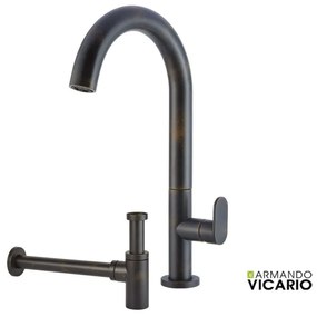 Armando Vicario SLIM Μπαταρία Νιπτήρος υψηλή με βαλβίδα clic-clac &amp; Σιφών νιπτήρος Rusty Black